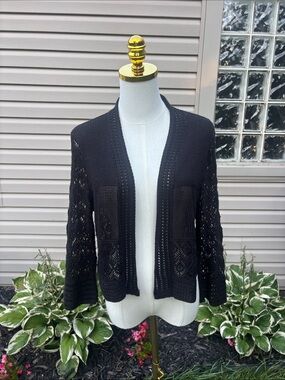 Classic Black Open-Weave Cardigan Sweater
